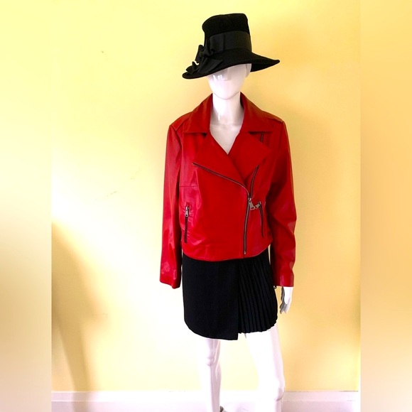 Tergan Red Lamb Leather Moto Biker Style Jacket Zipped Pockets Double Collar XL - Picture 2 of 16